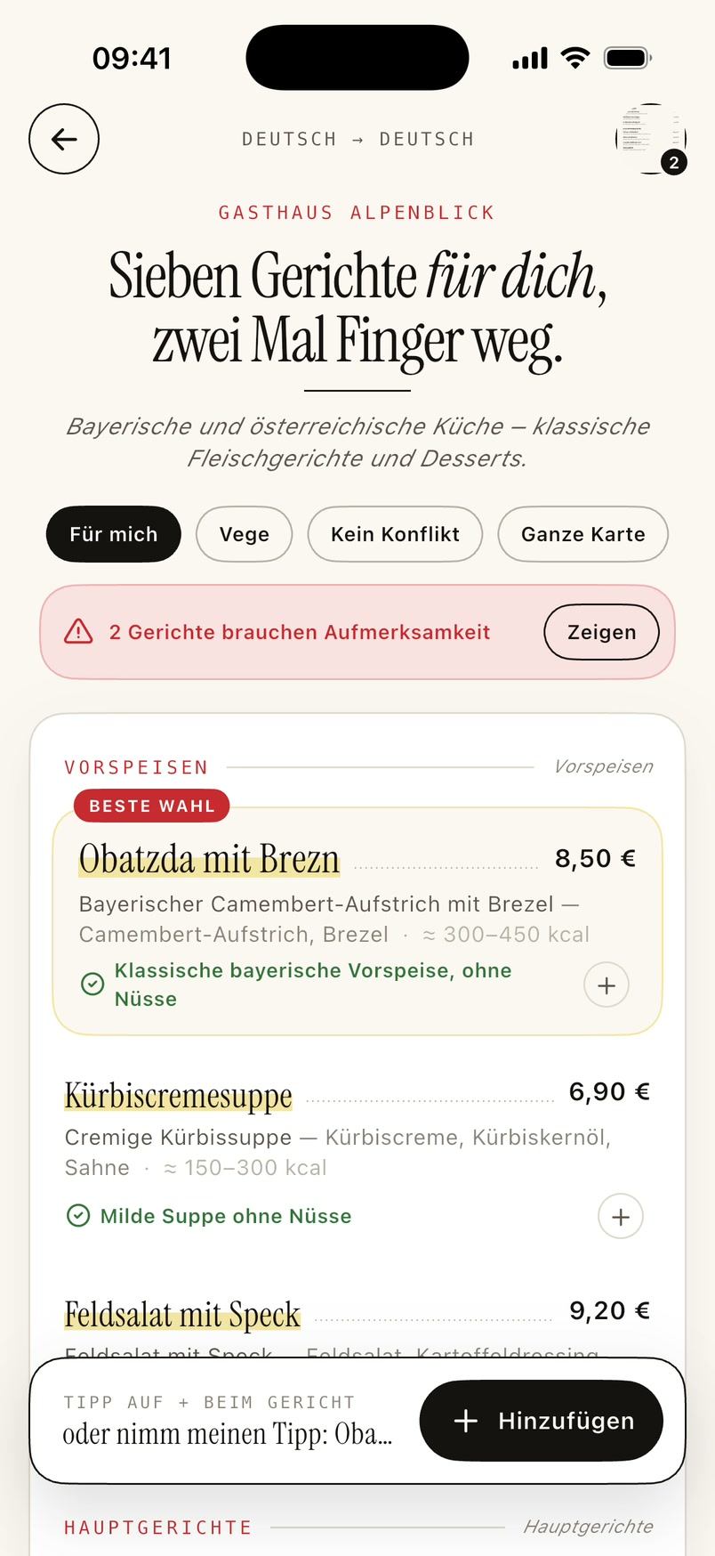 Eine in MenuBuddy übersetzte Speisekarte