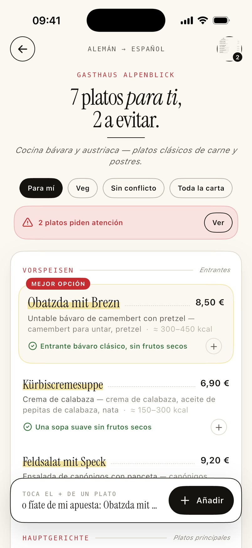 Una carta traducida en MenuBuddy