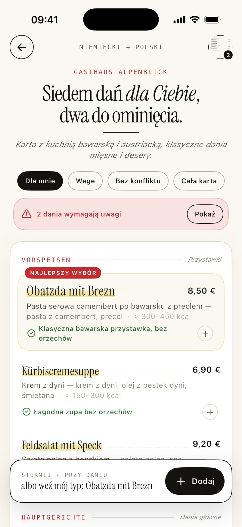 Przetłumaczona karta dań w MenuBuddy