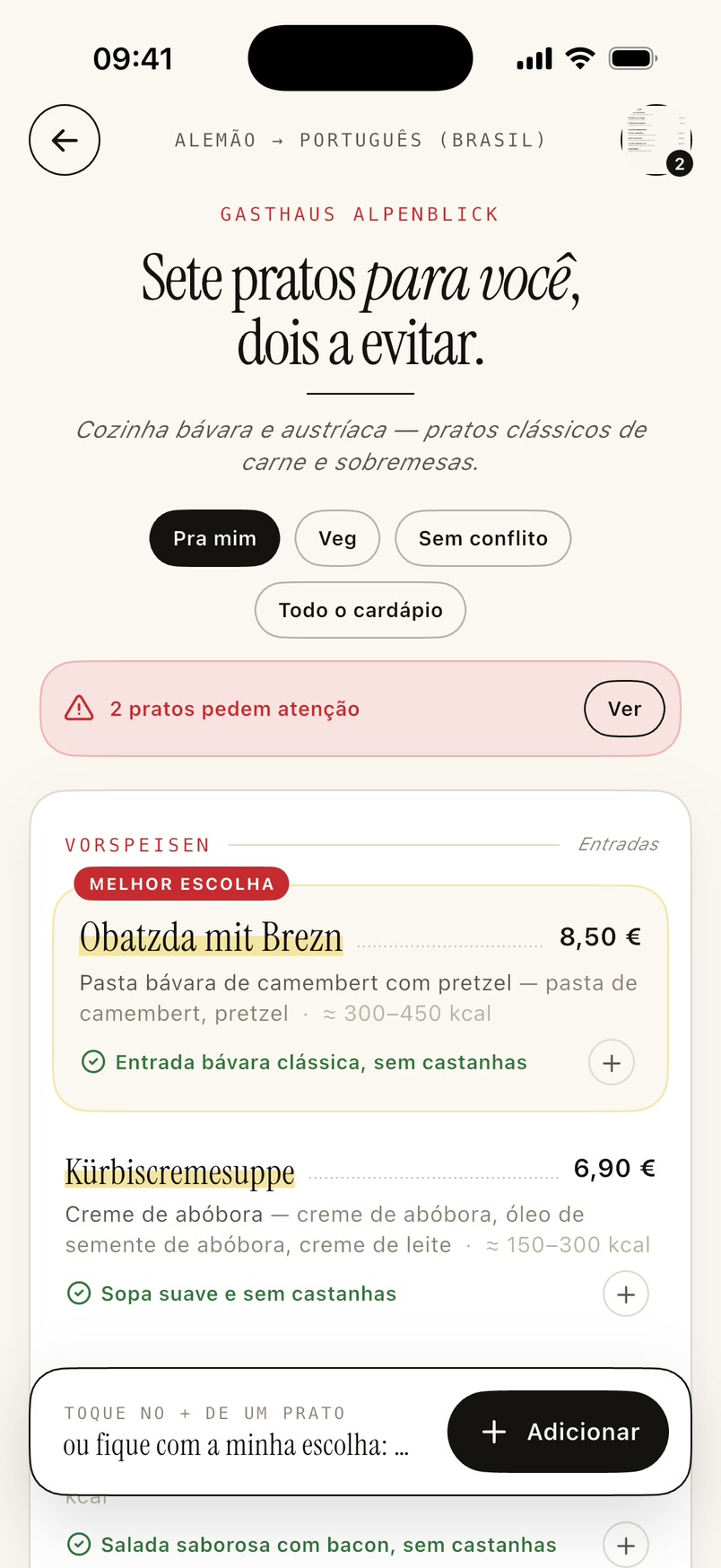 Um cardápio traduzido no MenuBuddy
